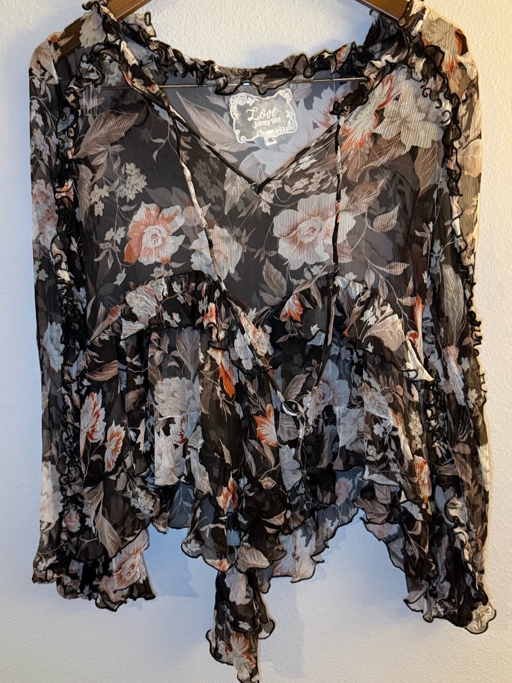 Johnny Was Sheer Black Floral Ruffled Blouse